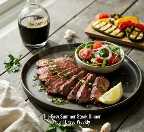 Balsamic grilled flank steak with herb sauce served as a healthy summer dinner idea.