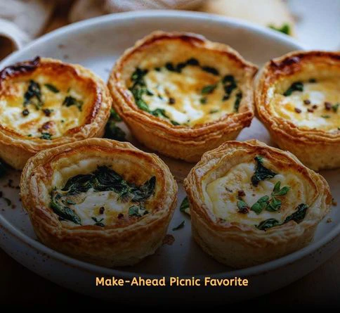 Mini spinach quiches baked until golden and packed for a picnic date.