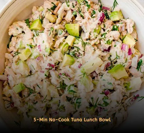 Healthy summer recipes high protein lunch bowls with tuna, cucumber, celery, Greek yogurt, and fresh dill.
