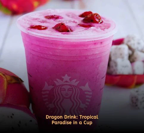 Dragon Drink with dragon fruit pieces, coconut milk, mango flavors, purple color, and ice cubes