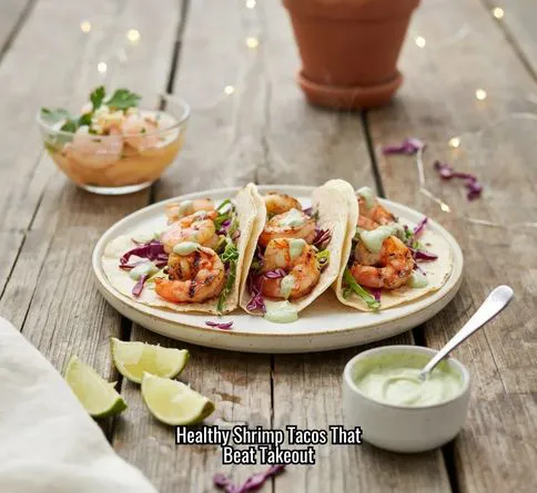 Healthy grilled shrimp tacos with avocado crema and cabbage slaw for summer dinner.