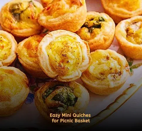 Bite-sized mini quiches arranged in picnic container