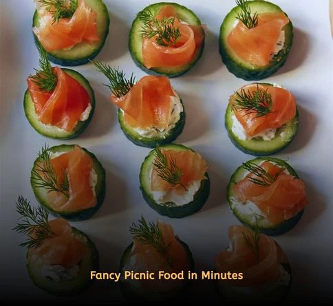 Smoked salmon cucumber bites topped with cream cheese and fresh dill.
