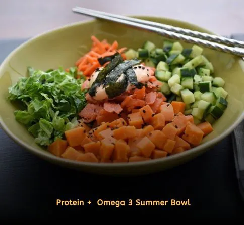 Healthy summer recipes high protein lunch bowls with salmon, sweet potato, olive oil, and simple seasonings.