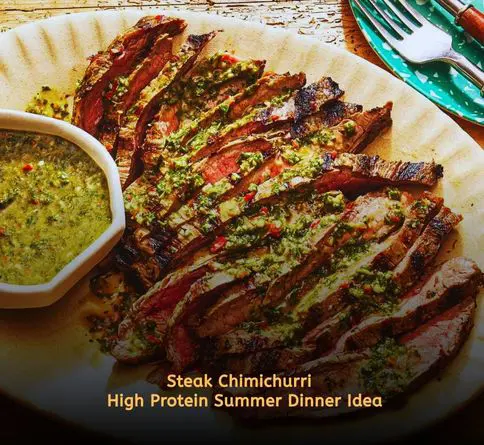 Grilled flank steak topped with chimichurri sauce for a high protein summer meal.