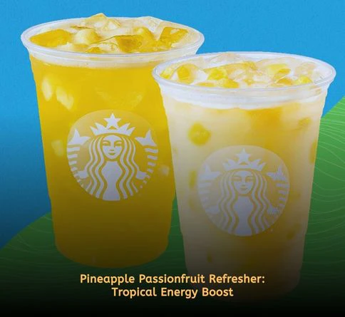 Pineapple Passionfruit Refresher with pineapple chunks, passionfruit flavors, yellow drink, and crushed ice