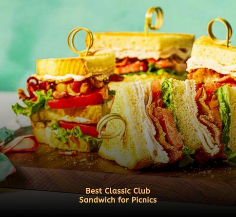 Triple-layer club sandwiches with turkey bacon lettuce and tomato on a picnic blanket