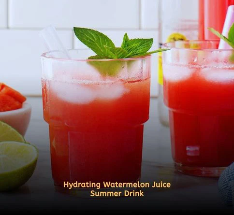 Glass of fresh watermelon juice with watermelon slices