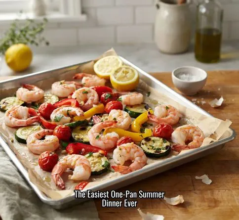 Sheet pan lemon garlic shrimp with summer vegetables for an easy healthy dinner.