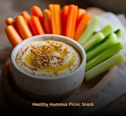 Hummus dip with fresh carrot sticks in picnic box