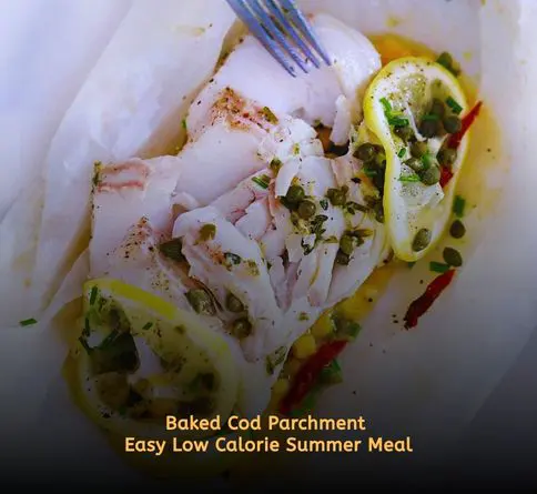 Baked cod with vegetables wrapped in parchment for a healthy high protein summer dinner.