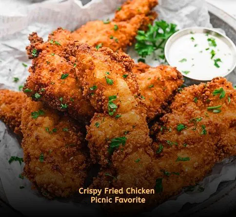Crispy fried chicken tenders in picnic container