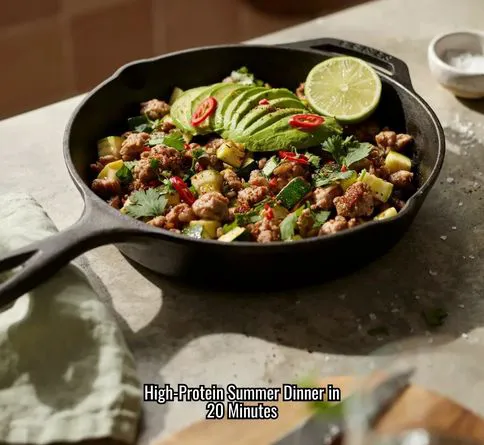 Ground turkey and zucchini skillet served as a healthy high-protein summer dinner recipe.