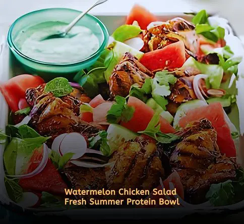 Watermelon feta chicken salad served cold as a high protein summer meal.