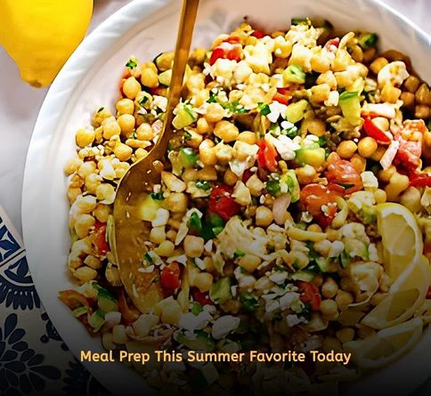 Mediterranean chickpea salad with cucumber, red onion, and feta cheese in a bowl.