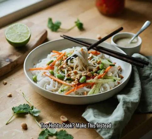 Thai-inspired peanut noodle bowl with cucumber, carrots, and edamame.
