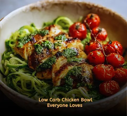 Healthy summer recipes high protein lunch bowls with pesto chicken, zucchini noodles, and cherry tomatoes.