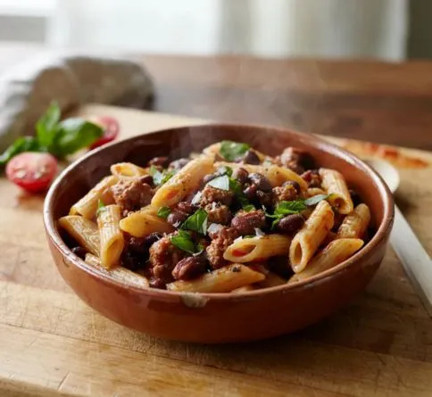 Whole Wheat Pasta with Lean Meat or Beans Whole wheat pasta with lean meat, a pre-workout meal for endurance training
