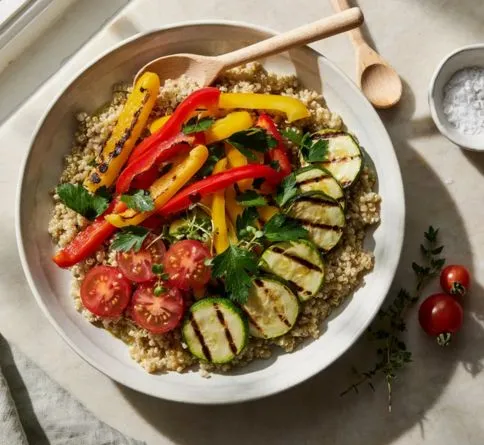 Quinoa Bowl with Vegetables Quinoa bowl with roasted vegetables, a complete protein pre-workout meal