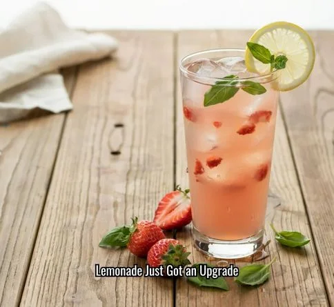 Glass of pink strawberry basil lemonade with ice and a basil garnish