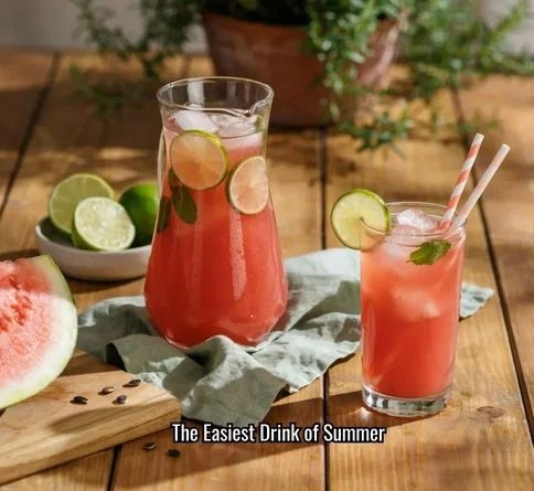 Pitcher and glass of watermelon mint agua fresca with lime slices