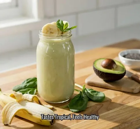 Creamy green goddess smoothie topped with banana slices
