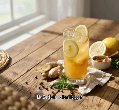 Golden turmeric lemonade in a glass with fresh ginger and lemon