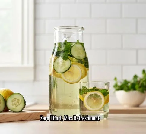 Pitcher of cucumber mint infused water with lemon slices