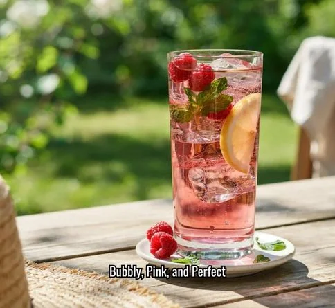 Sparkling raspberry lemonade in a glass with fresh raspberries