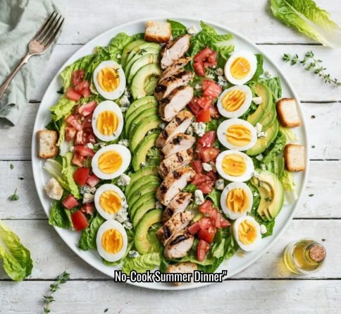 Sliced grilled steak over charred vegetable salad