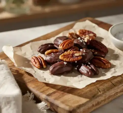 Classic chocolate-covered pecans dipped in glossy dark chocolate and sprinkled with flaky sea salt.
