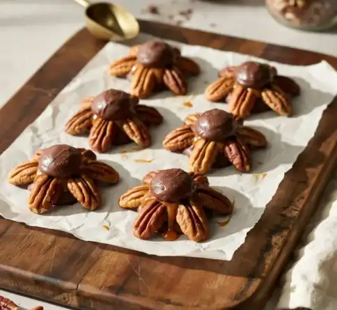 Homemade chocolate pecan turtles made with toasted pecans, soft caramel, and glossy dark chocolate.
