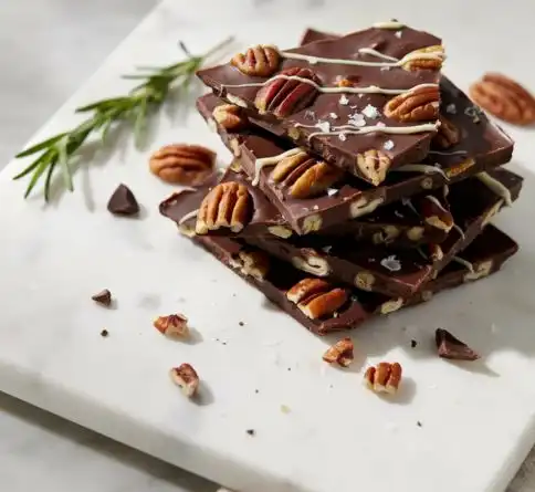 Dark chocolate pecan bark topped with toasted pecans, white chocolate drizzle, and sea salt.
