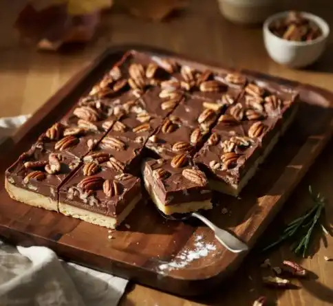 Chocolate pecan pie bars with a buttery shortbread crust and rich pecan chocolate filling.
