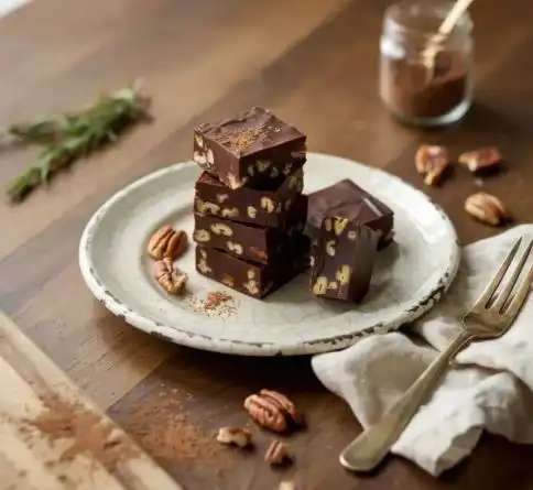 Creamy chocolate pecan fudge squares packed with crunchy toasted pecan pieces.
