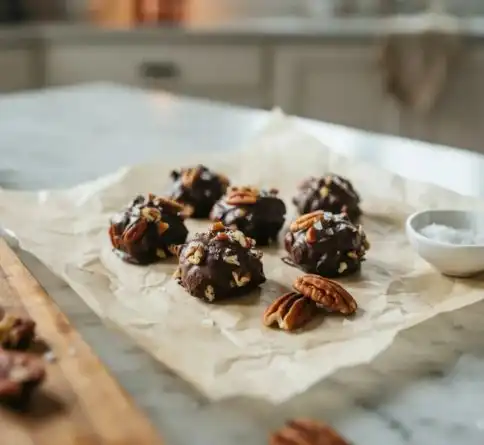 Easy chocolate pecan clusters made with toasted pecans, melted dark chocolate, and flaky sea salt.
