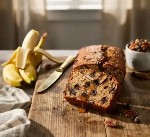 Moist pecan chocolate chip banana bread with toasted pecans and melted chocolate chips.
