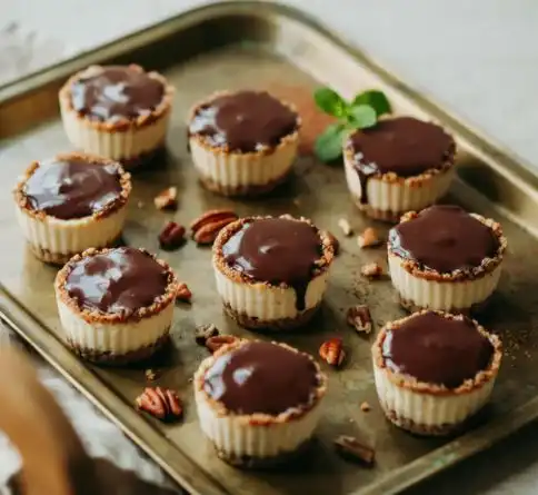 Mini chocolate pecan cheesecake bites with pecan crumb crust and chocolate ganache drizzle.
