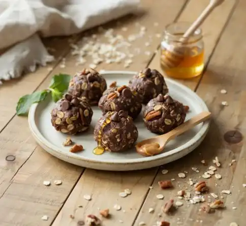 No-bake chocolate pecan energy bites made with oats, nut butter, honey, and mini chocolate chips.
