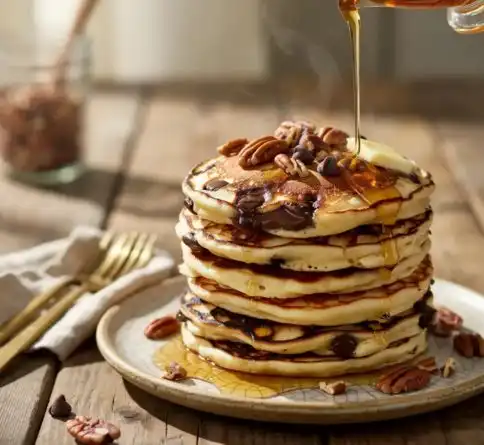 Fluffy pecan chocolate chip pancakes topped with maple syrup, melted butter, and toasted pecans.
