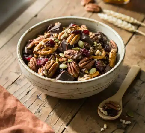 Chocolate pecan snack mix with toasted pecans, chocolate chunks, pretzels, and dried fruit.
