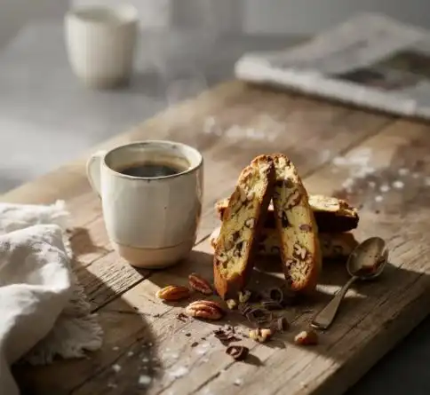 Crunchy pecan chocolate biscotti filled with toasted pecans and dark chocolate pieces.