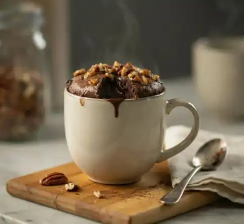 Warm chocolate pecan mug cake with a soft center and chopped toasted pecans.

