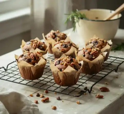 Bakery-style pecan chocolate chip muffins topped with crunchy pecans and melted chocolate chips.
