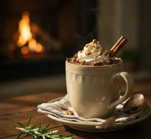 Rich chocolate pecan hot chocolate topped with whipped cream and crunchy pecan praline.
