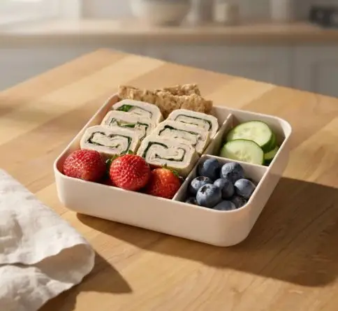 Turkey hummus roll-ups with strawberries, cucumber, blueberries, and whole-grain crackers arranged in a bento box.