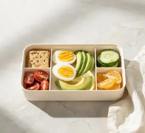 Egg and avocado bento box with tomatoes, cucumber, crackers, and fresh orange segments.
