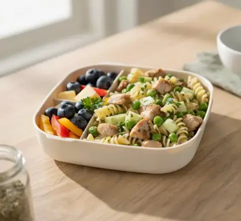 Chicken pasta salad with peas and cucumber served with blueberries, cheese, and bell peppers in a bento box.