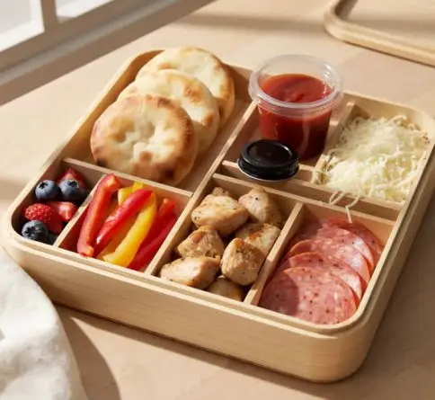 Mini pita pizza bento with pita rounds, tomato sauce, mozzarella, peppers, chicken, and fresh berries.