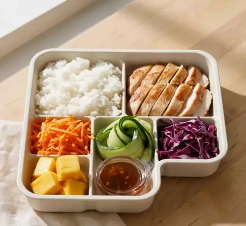 Rainbow chicken and rice bento with carrots, cucumber, purple cabbage, mango, and soy-ginger dressing.